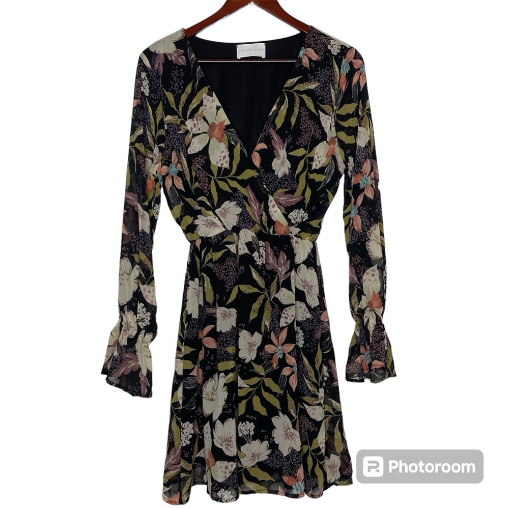 French Grey Floral Womens Long Sleeve Dress Medium